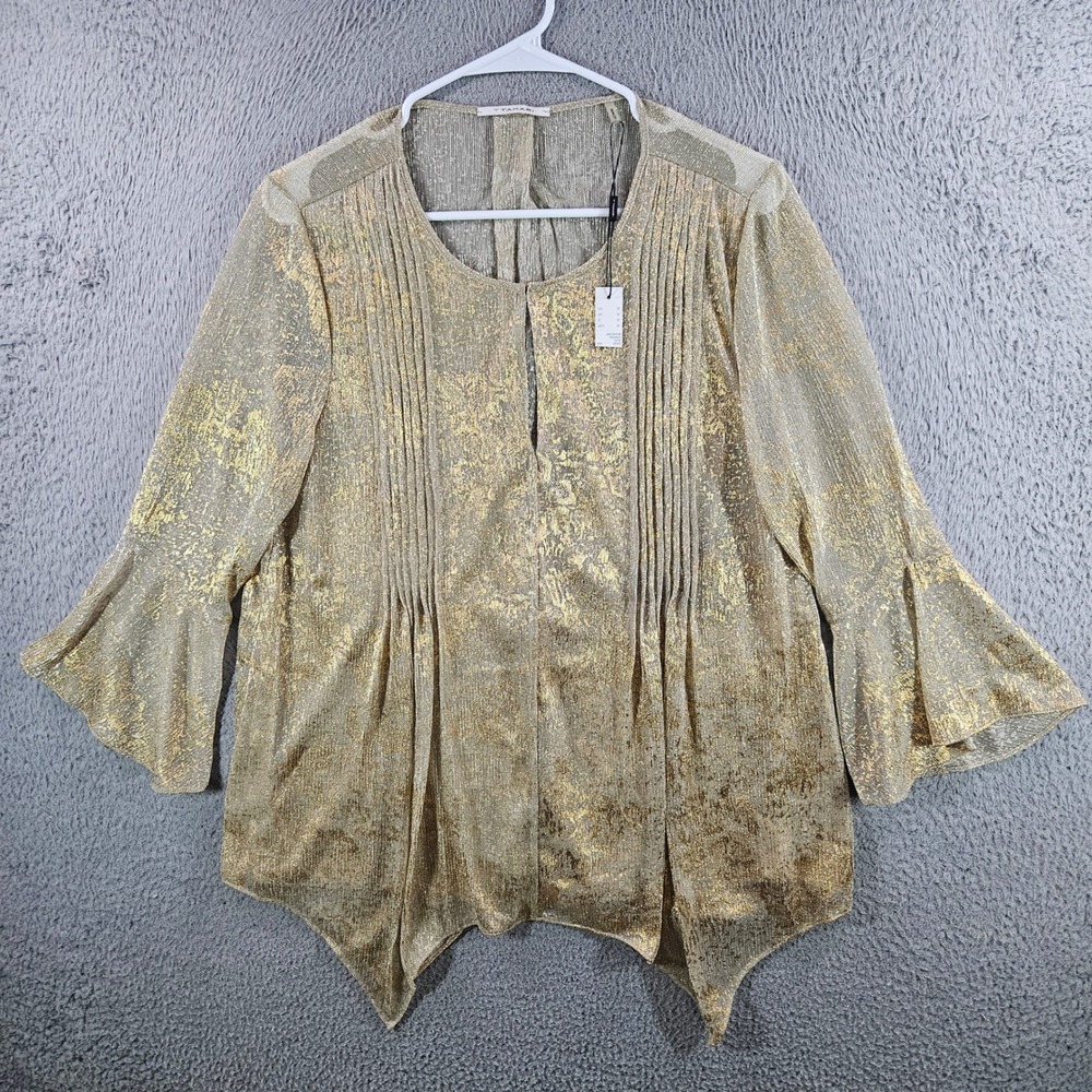 Tahari‎ Kate Blouse Gold Metallic Pleated Bell Sleeve Sharkbite Hem Top Sz M NEW